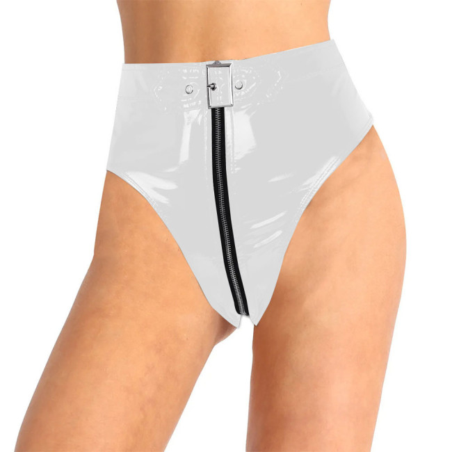 Lockable PVC Leather Panties Sissy Mens Underwear Shiny Faux PU Leather Zipper Briefs Women High Waist Thongs Sexy Lingerie