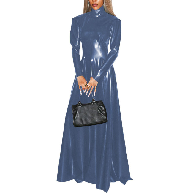 Women Faux Latex Elegant Dress Long Sleeve High Neck Sheath Maxi Dress Retro Patent Leather Stretch Pleated A Line Dresses