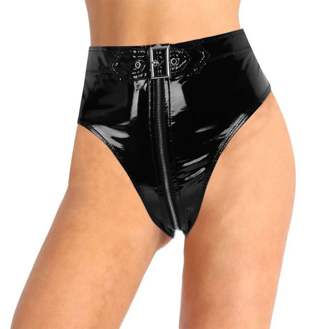 Lockable PVC Leather Panties Sissy Mens Underwear Shiny Faux PU Leather Zipper Briefs Women High Waist Thongs Sexy Lingerie