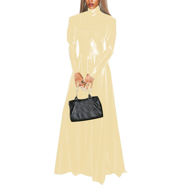 Women Faux Latex Elegant Dress Long Sleeve High Neck Sheath Maxi Dress Retro Patent Leather Stretch Pleated A Line Dresses