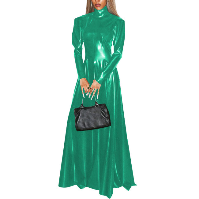 Women Faux Latex Elegant Dress Long Sleeve High Neck Sheath Maxi Dress Retro Patent Leather Stretch Pleated A Line Dresses