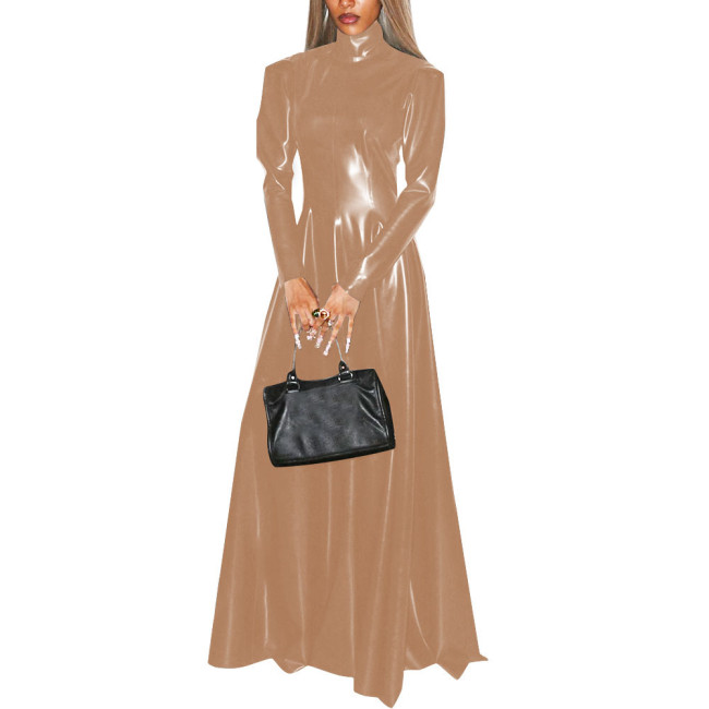 Women Faux Latex Elegant Dress Long Sleeve High Neck Sheath Maxi Dress Retro Patent Leather Stretch Pleated A Line Dresses