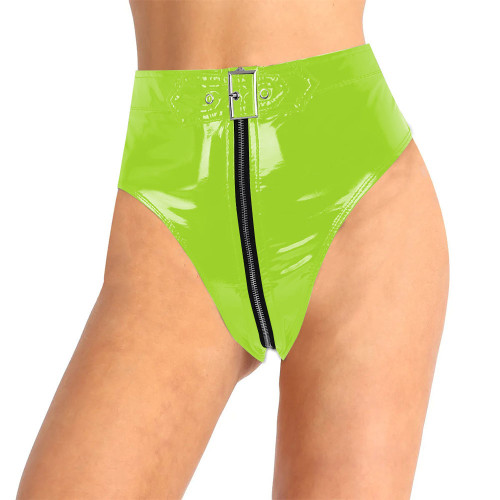 Lockable PVC Leather Panties Sissy Mens Underwear Shiny Faux PU Leather Zipper Briefs Women High Waist Thongs Sexy Lingerie
