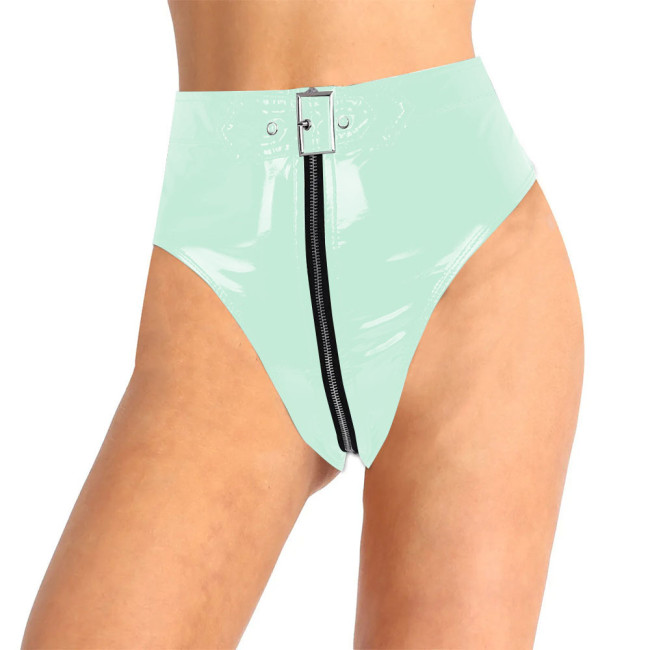 Lockable PVC Leather Panties Sissy Mens Underwear Shiny Faux PU Leather Zipper Briefs Women High Waist Thongs Sexy Lingerie