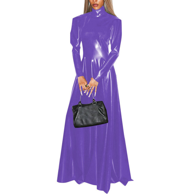 Women Faux Latex Elegant Dress Long Sleeve High Neck Sheath Maxi Dress Retro Patent Leather Stretch Pleated A Line Dresses