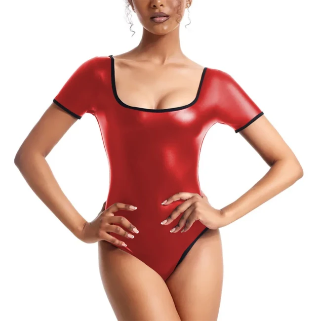 Wetlook Bodysuit Patent Leather Jumpsuit Women Shiny Dance Leotard Gymnastics Bodysuit Sleeveless One Piece Dance Stage Costume
