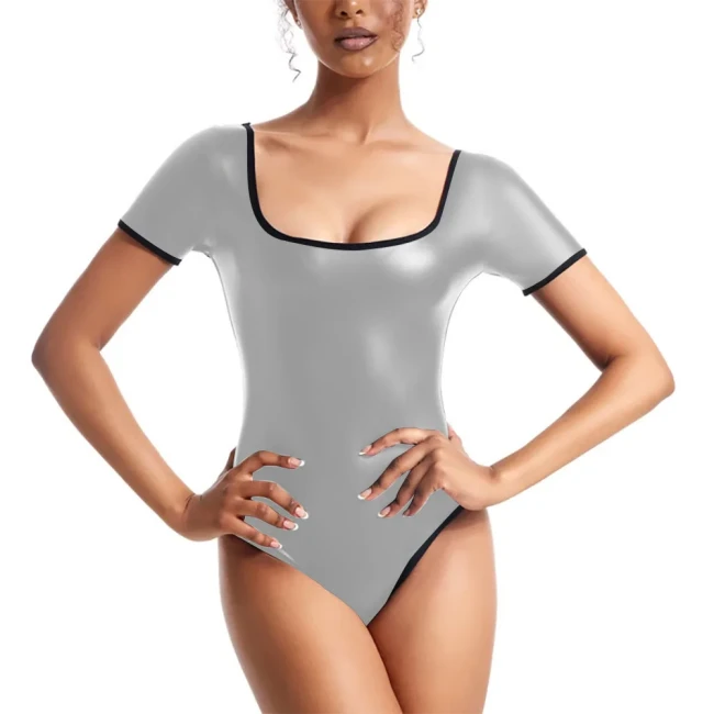 Wetlook Bodysuit Patent Leather Jumpsuit Women Shiny Dance Leotard Gymnastics Bodysuit Sleeveless One Piece Dance Stage Costume