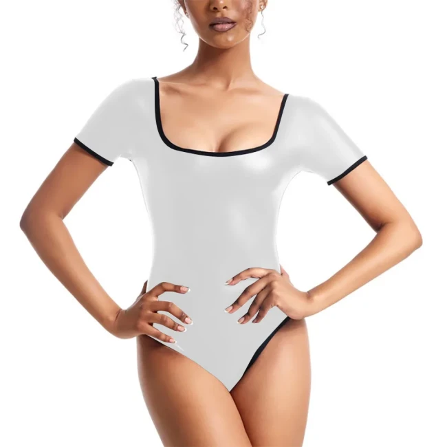 Wetlook Bodysuit Patent Leather Jumpsuit Women Shiny Dance Leotard Gymnastics Bodysuit Sleeveless One Piece Dance Stage Costume