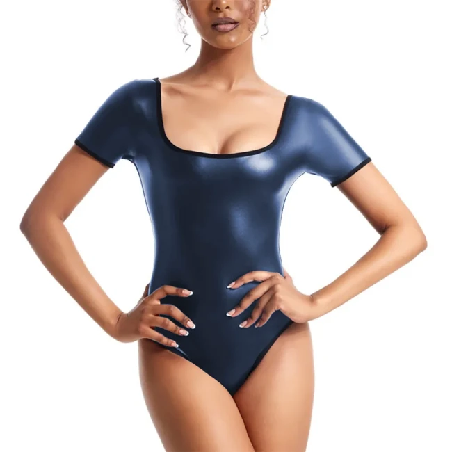 Wetlook Bodysuit Patent Leather Jumpsuit Women Shiny Dance Leotard Gymnastics Bodysuit Sleeveless One Piece Dance Stage Costume