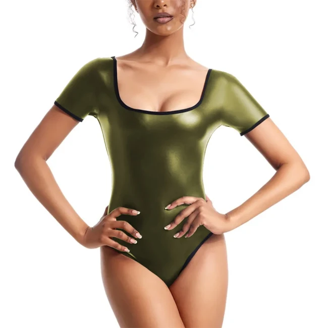 Wetlook Bodysuit Patent Leather Jumpsuit Women Shiny Dance Leotard Gymnastics Bodysuit Sleeveless One Piece Dance Stage Costume