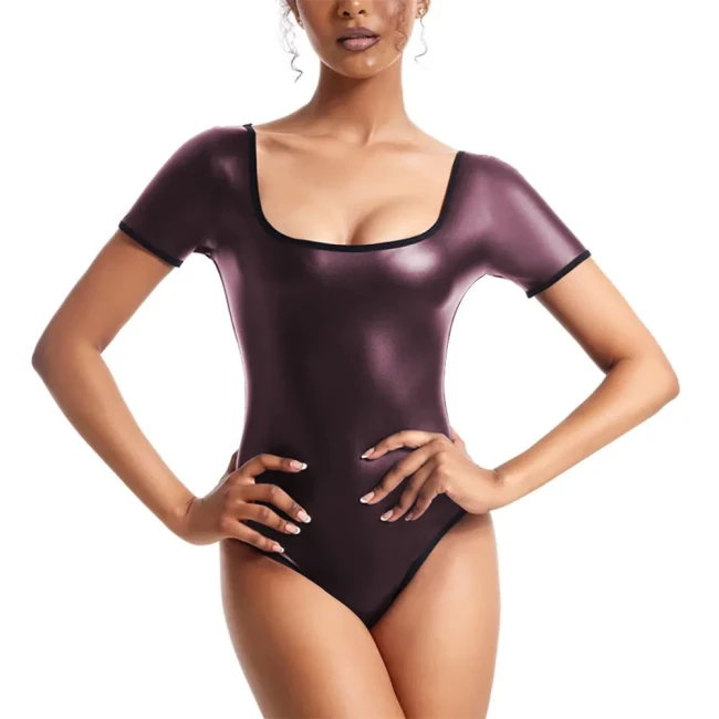 Wetlook Bodysuit Patent Leather Jumpsuit Women Shiny Dance Leotard Gymnastics Bodysuit Sleeveless One Piece Dance Stage Costume
