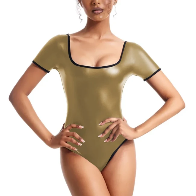 Wetlook Bodysuit Patent Leather Jumpsuit Women Shiny Dance Leotard Gymnastics Bodysuit Sleeveless One Piece Dance Stage Costume