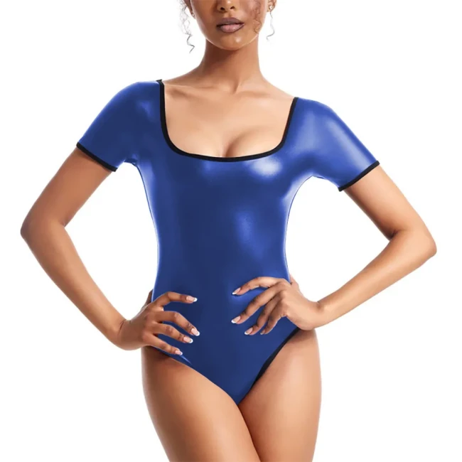 Wetlook Bodysuit Patent Leather Jumpsuit Women Shiny Dance Leotard Gymnastics Bodysuit Sleeveless One Piece Dance Stage Costume