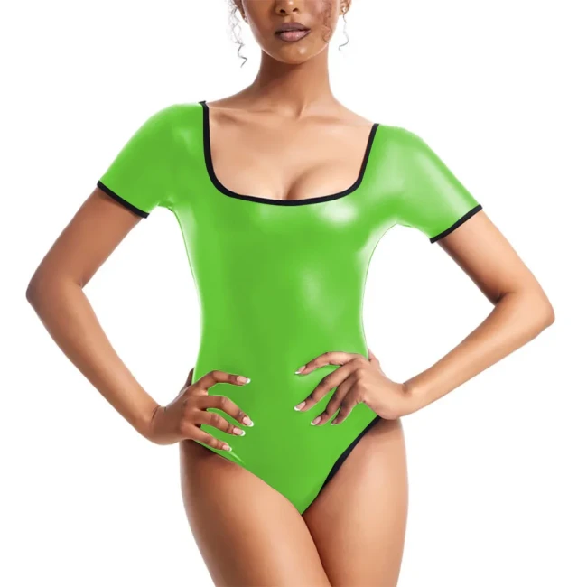 Wetlook Bodysuit Patent Leather Jumpsuit Women Shiny Dance Leotard Gymnastics Bodysuit Sleeveless One Piece Dance Stage Costume