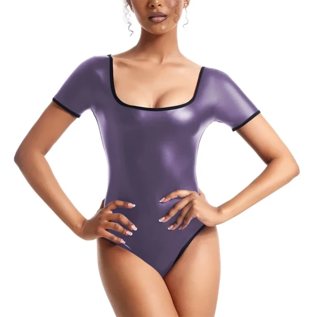 Wetlook Bodysuit Patent Leather Jumpsuit Women Shiny Dance Leotard Gymnastics Bodysuit Sleeveless One Piece Dance Stage Costume