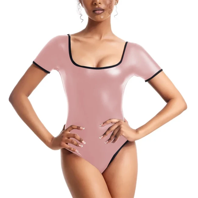 Wetlook Bodysuit Patent Leather Jumpsuit Women Shiny Dance Leotard Gymnastics Bodysuit Sleeveless One Piece Dance Stage Costume