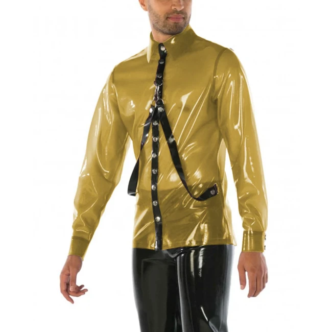 Mens Turn-down Collar See Through Long Sleeve Shirt Exotic Sexy Vinyl Plastic Male Blouse Sexy Dalton Harness Button-Up Tops