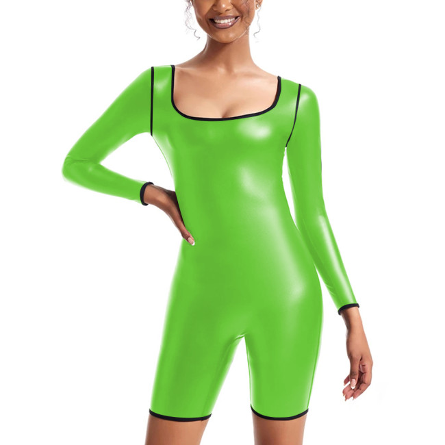 Womens Sexy Matte PU Leather Long Sleeved Jumpsuit Tights Shorts Leotard Square Collar Bodysuit Plus Size Rompers Club Clothing