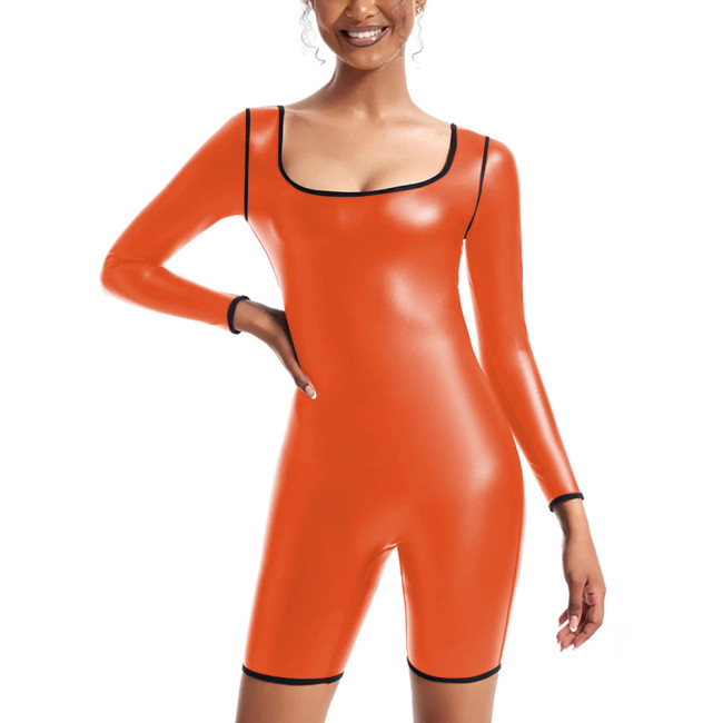 Womens Sexy Matte PU Leather Long Sleeved Jumpsuit Tights Shorts Leotard Square Collar Bodysuit Plus Size Rompers Club Clothing