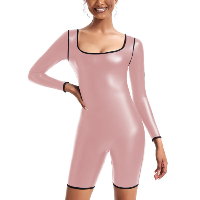 Womens Sexy Matte PU Leather Long Sleeved Jumpsuit Tights Shorts Leotard Square Collar Bodysuit Plus Size Rompers Club Clothing