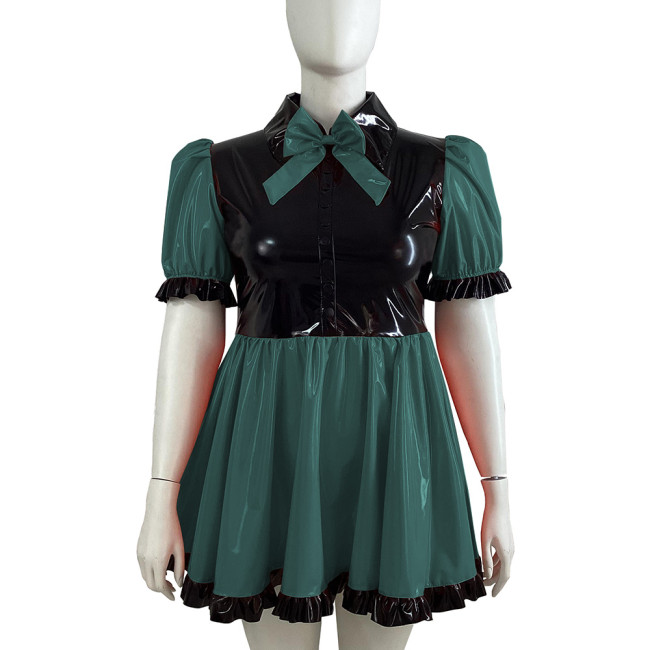 Black Ruffle Bowknot PVC Shiny Dress Puffy Bubble Sleeve Turn-down Collar Lolita A-line Dress Cross Dresser Maid Role Play Dress