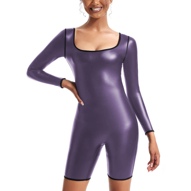 Womens Sexy Matte PU Leather Long Sleeved Jumpsuit Tights Shorts Leotard Square Collar Bodysuit Plus Size Rompers Club Clothing
