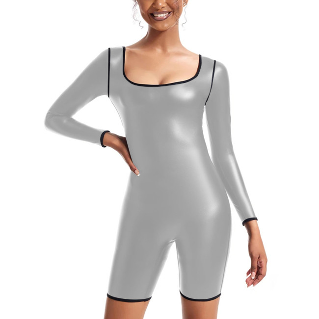 Womens Sexy Matte PU Leather Long Sleeved Jumpsuit Tights Shorts Leotard Square Collar Bodysuit Plus Size Rompers Club Clothing