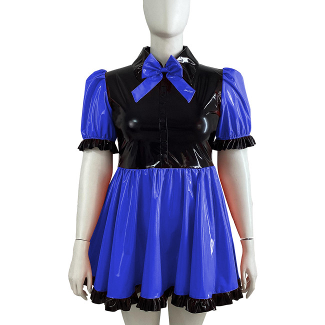 Black Ruffle Bowknot PVC Shiny Dress Puffy Bubble Sleeve Turn-down Collar Lolita A-line Dress Cross Dresser Maid Role Play Dress
