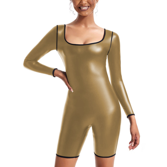 Womens Sexy Matte PU Leather Long Sleeved Jumpsuit Tights Shorts Leotard Square Collar Bodysuit Plus Size Rompers Club Clothing