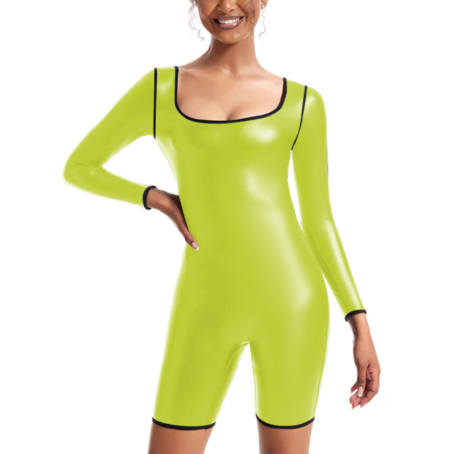 Womens Sexy Matte PU Leather Long Sleeved Jumpsuit Tights Shorts Leotard Square Collar Bodysuit Plus Size Rompers Club Clothing
