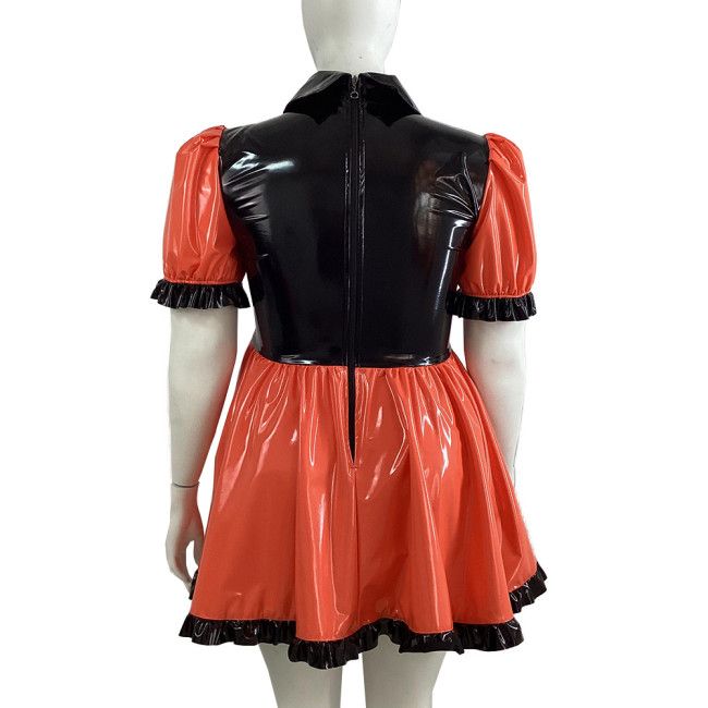 Black Ruffle Bowknot PVC Shiny Dress Puffy Bubble Sleeve Turn-down Collar Lolita A-line Dress Cross Dresser Maid Role Play Dress