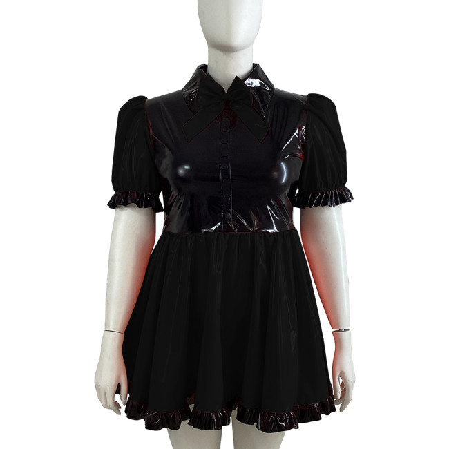 Black Ruffle Bowknot PVC Shiny Dress Puffy Bubble Sleeve Turn-down Collar Lolita A-line Dress Cross Dresser Maid Role Play Dress