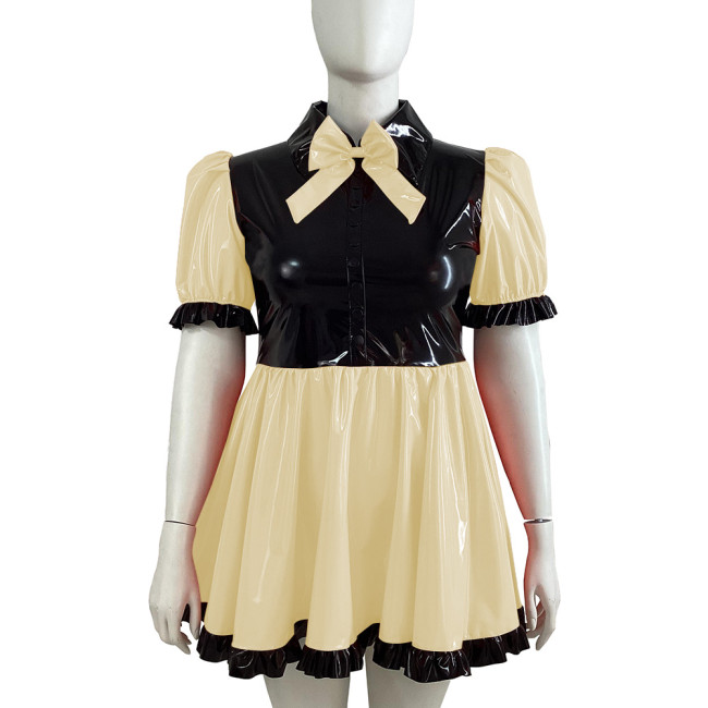 Black Ruffle Bowknot PVC Shiny Dress Puffy Bubble Sleeve Turn-down Collar Lolita A-line Dress Cross Dresser Maid Role Play Dress