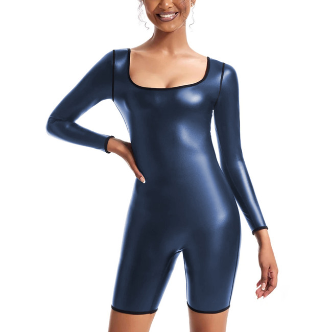 Womens Sexy Matte PU Leather Long Sleeved Jumpsuit Tights Shorts Leotard Square Collar Bodysuit Plus Size Rompers Club Clothing