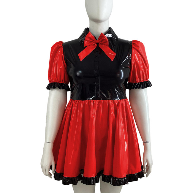 Black Ruffle Bowknot PVC Shiny Dress Puffy Bubble Sleeve Turn-down Collar Lolita A-line Dress Cross Dresser Maid Role Play Dress