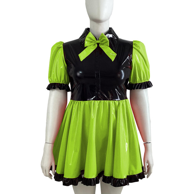 Black Ruffle Bowknot PVC Shiny Dress Puffy Bubble Sleeve Turn-down Collar Lolita A-line Dress Cross Dresser Maid Role Play Dress