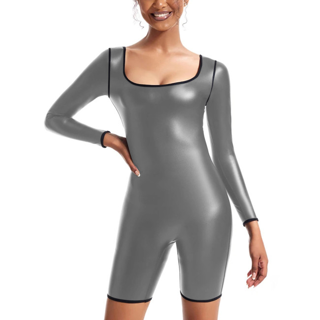 Womens Sexy Matte PU Leather Long Sleeved Jumpsuit Tights Shorts Leotard Square Collar Bodysuit Plus Size Rompers Club Clothing