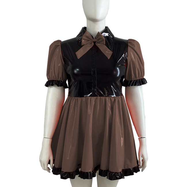 Black Ruffle Bowknot PVC Shiny Dress Puffy Bubble Sleeve Turn-down Collar Lolita A-line Dress Cross Dresser Maid Role Play Dress