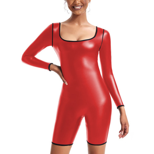 Womens Sexy Matte PU Leather Long Sleeved Jumpsuit Tights Shorts Leotard Square Collar Bodysuit Plus Size Rompers Club Clothing