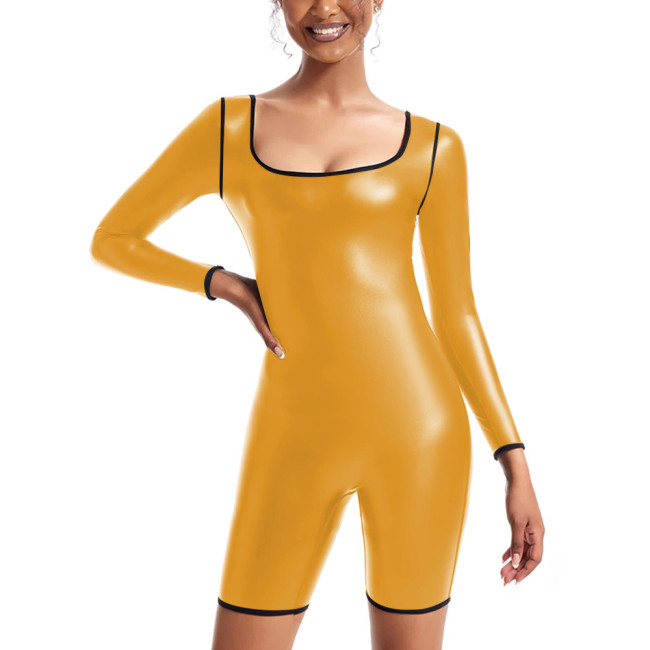 Womens Sexy Matte PU Leather Long Sleeved Jumpsuit Tights Shorts Leotard Square Collar Bodysuit Plus Size Rompers Club Clothing