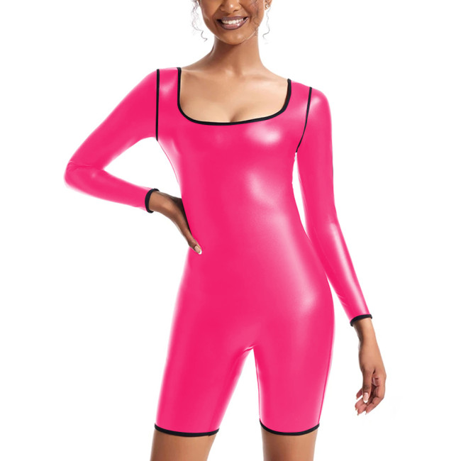 Womens Sexy Matte PU Leather Long Sleeved Jumpsuit Tights Shorts Leotard Square Collar Bodysuit Plus Size Rompers Club Clothing