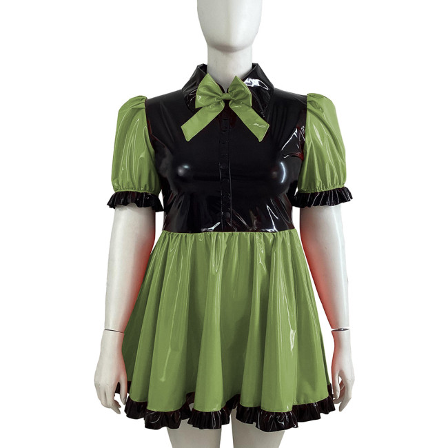 Black Ruffle Bowknot PVC Shiny Dress Puffy Bubble Sleeve Turn-down Collar Lolita A-line Dress Cross Dresser Maid Role Play Dress