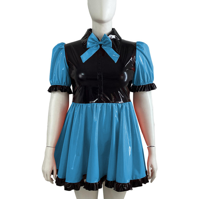 Black Ruffle Bowknot PVC Shiny Dress Puffy Bubble Sleeve Turn-down Collar Lolita A-line Dress Cross Dresser Maid Role Play Dress