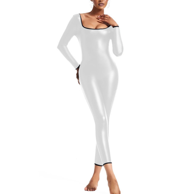 Long Sleeve Jumpsuit for Womens PU Faux Leather Slim Leggings Bodysuit Female U-neck Tight Rompers Pole Dance Catsuit Clubwear