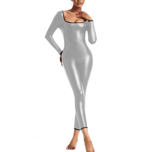 Long Sleeve Jumpsuit for Womens PU Faux Leather Slim Leggings Bodysuit Female U-neck Tight Rompers Pole Dance Catsuit Clubwear