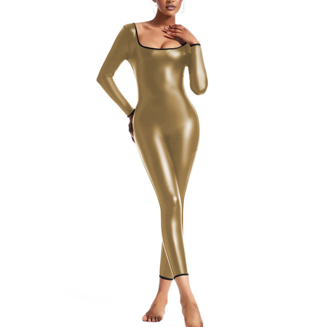 Long Sleeve Jumpsuit for Womens PU Faux Leather Slim Leggings Bodysuit Female U-neck Tight Rompers Pole Dance Catsuit Clubwear