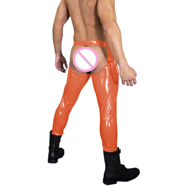 Sexy Low-rise PVC Shiny Leather Pants Leggings Erotic Hollow Out Expose Buttocks Trousers Male Tights Cosplay Cross Dress Sissy
