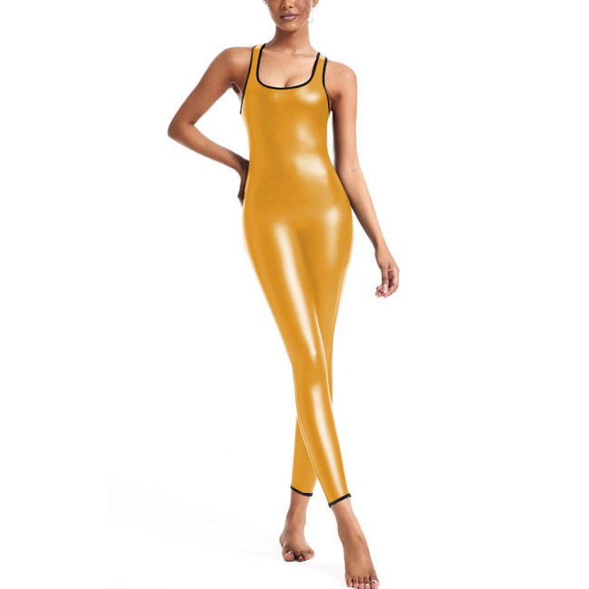 Unisex Slim Fit Jumpsuit for Party Cosplay Underwear Sleeveless Sexy Solid Color Catsuit PU Faux Leather Tight Bodysuit Zentai