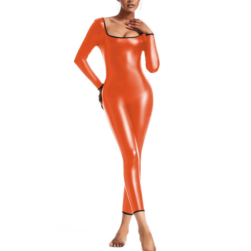 Long Sleeve Jumpsuit for Womens PU Faux Leather Slim Leggings Bodysuit Female U-neck Tight Rompers Pole Dance Catsuit Clubwear