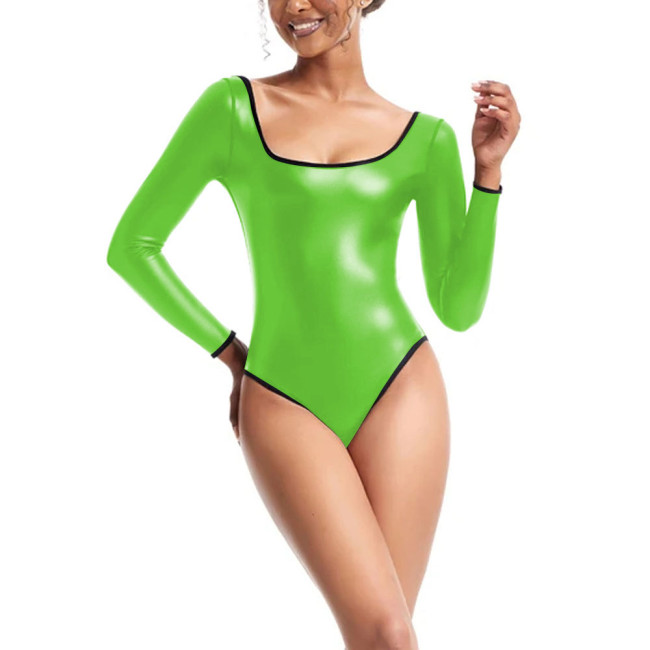 Womens Bodysuit Sexy Low Cut Square Neck Long Sleeve Playsuit Matte PU Leather High Cut Jumpsuit Party Cosplay Shapewear Teddies